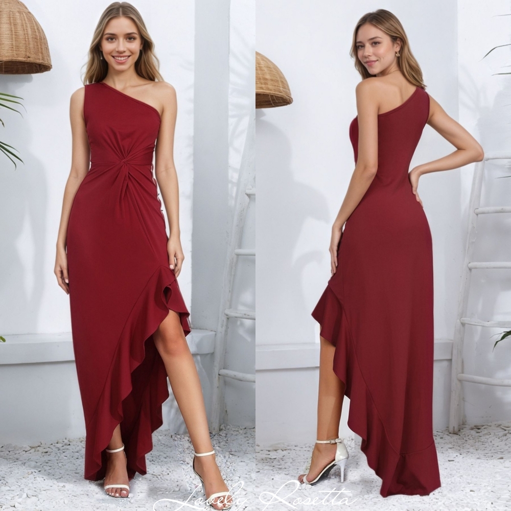 One-Shoulder Black Ruffle Hem Evening Dress - Picture 9 of 10